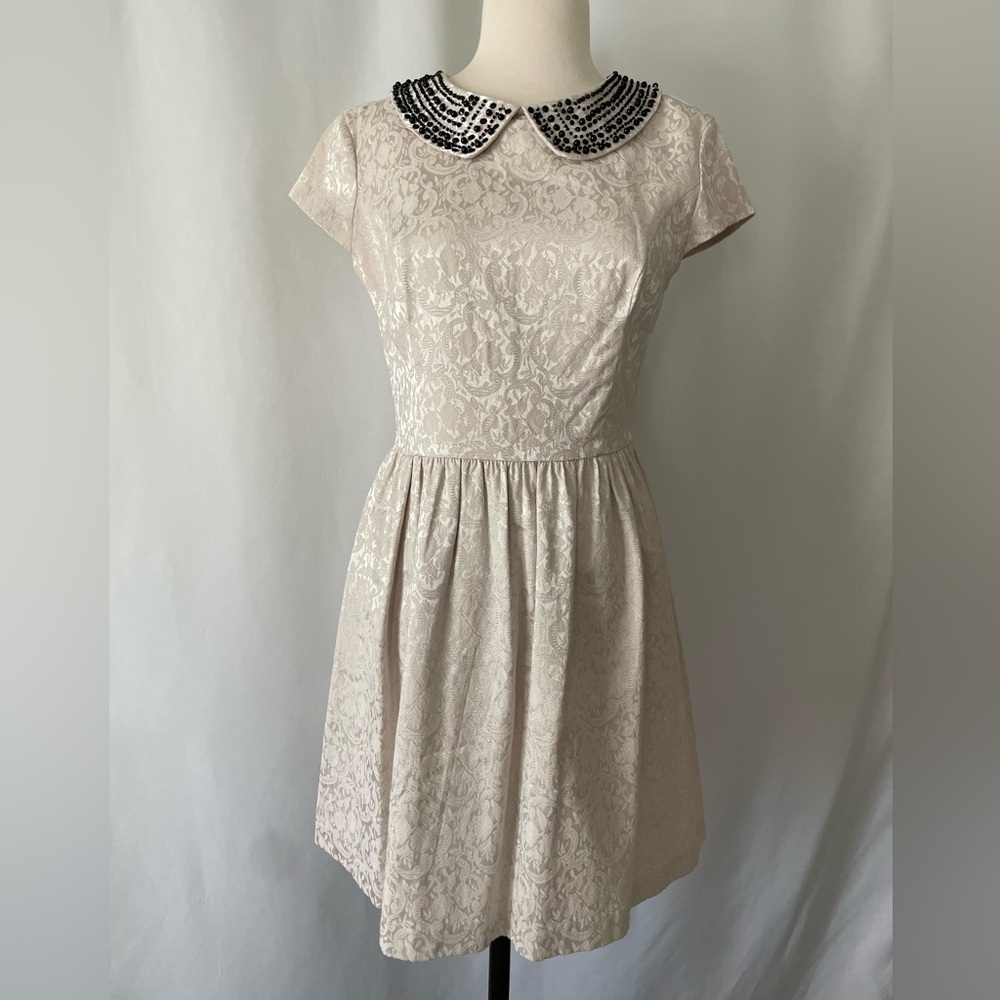 Kensie Ivory Brocade Mini Dress with Beaded Collar
